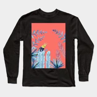 Cockatiel with tropical foliage and coral pink background Long Sleeve T-Shirt